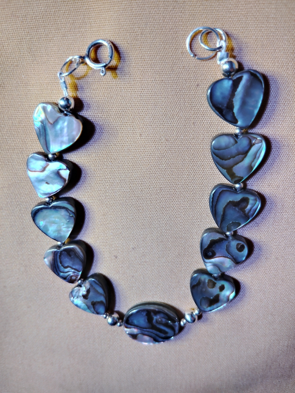ABALONE HEART ✔️STERLING SILVER LINK BRACELET. SILVER, BLUES & GREENS. Sz-7.5 L.